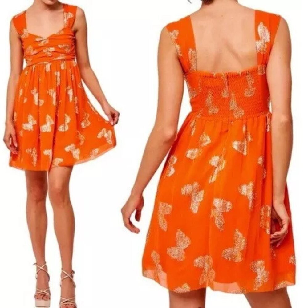 Ciebon Orange Gold Butterfly Jodie Metallic Babydoll Minidress 20764